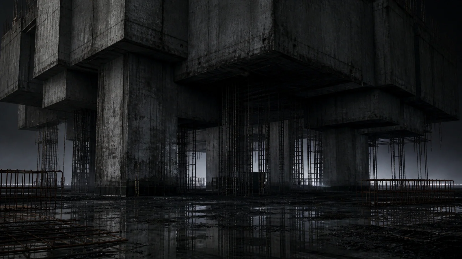 《空樓之後》第 03 幕〈重量下沉〉:高處的體量把壓力送回基座,畫面把宏大外觀翻譯成下方承受的重量。