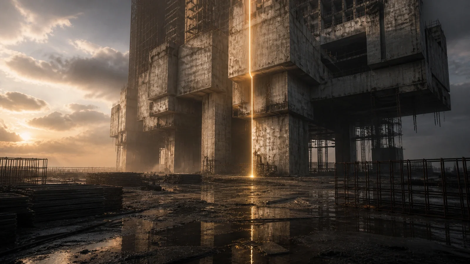 《空樓之後》第 10 幕〈回到地面〉:清晨只照亮粗糙基座,琥珀線在地面終止;作品把注意力從高處還給承受後果的人。